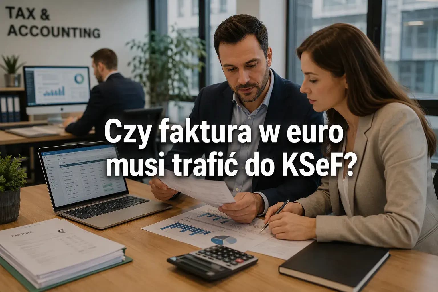 Dwie osoby analizujące dokumenty przy laptopie, z napisem „Czy faktura w euro musi trafić do KSeF?”.