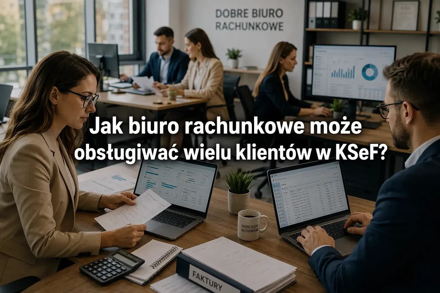 Zespół biura rachunkowego przy komputerach i dokumentach, z nagłówkiem o obsłudze wielu klientów w KSeF.