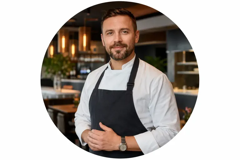 Restaurator w fartuchu stojący w sali restauracyjnej